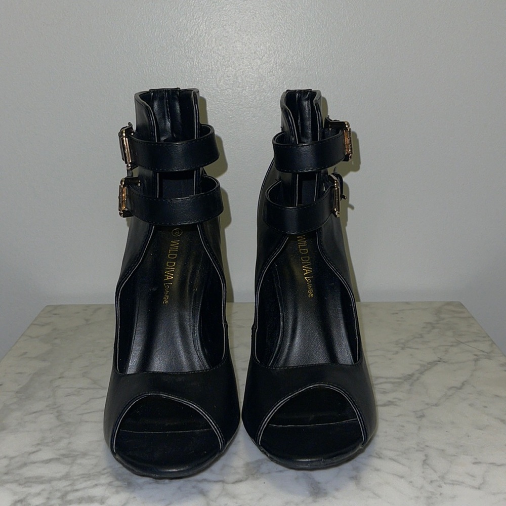 Wild Diva Lounge Peep Toe Buckled Double Strap Ankle Bootie - Black